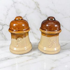 Vintage Retro Ceramic Salt Pepper Shakers Bell Brown Beige Embossed